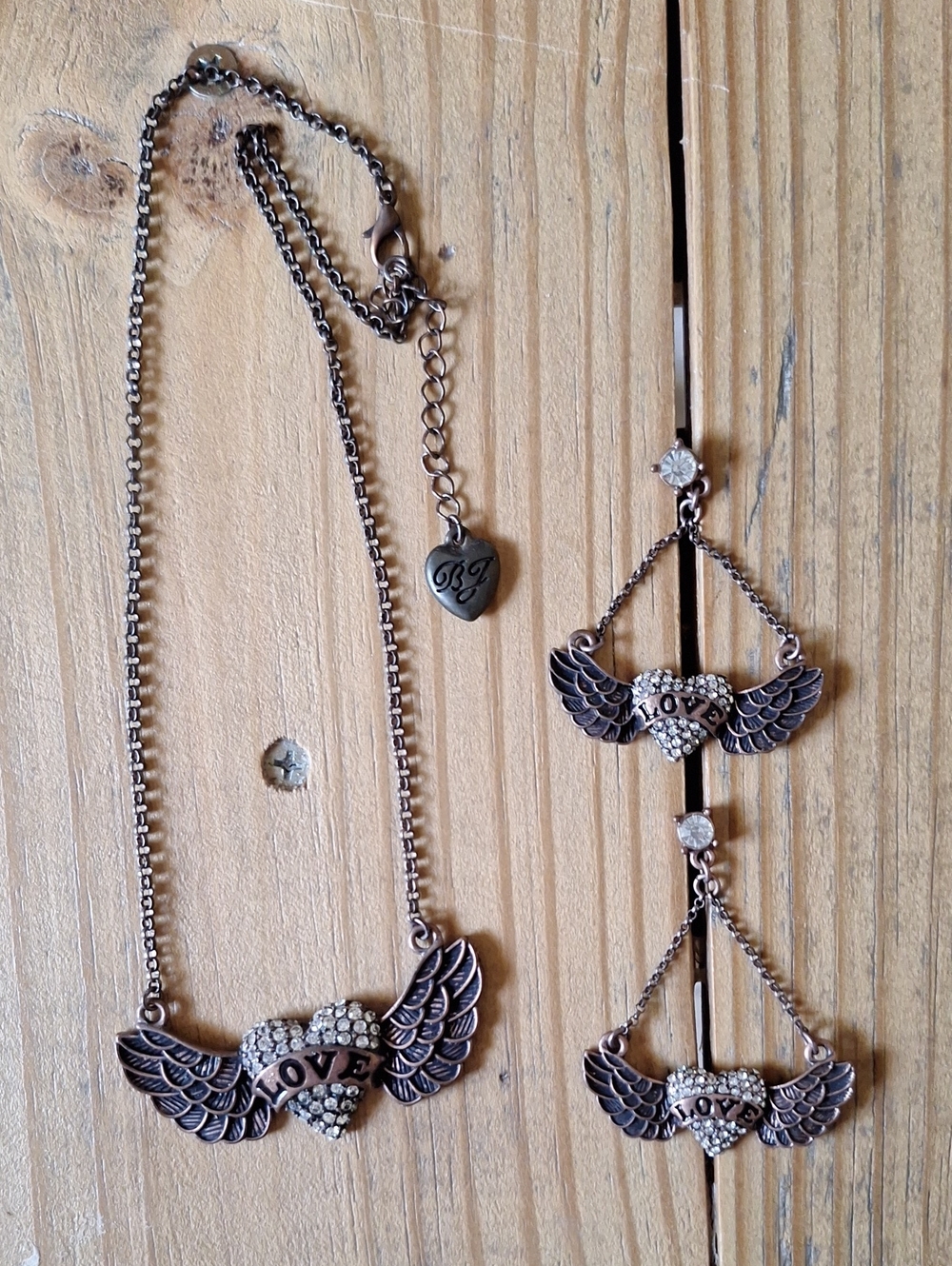 Betsy Johnson LOVE Winged Heart Pendant Necklace and Earrings Set - Bronze Tone
